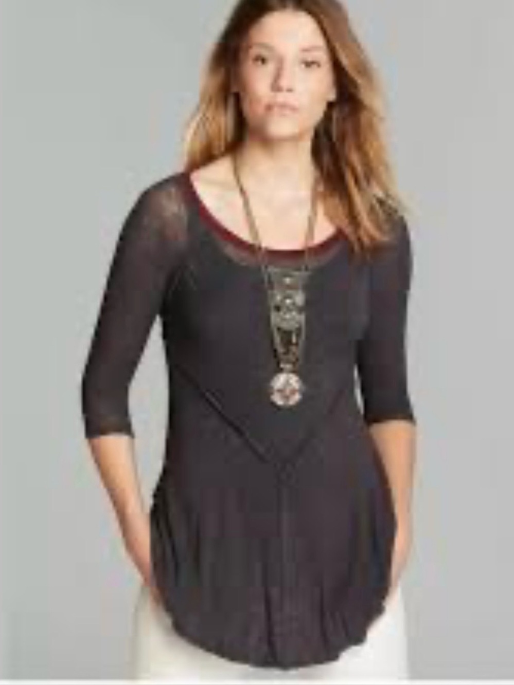 Free People Black Scoop-Neck 3/4 Sleeve Tunic with Burgundy Trim